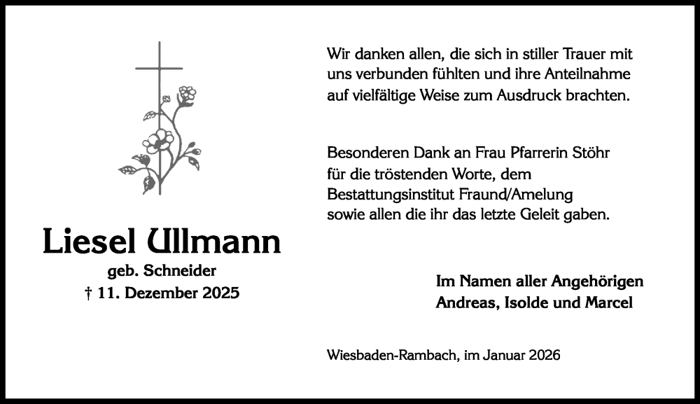  Traueranzeige für Liesel Ullmann vom 10.01.2026 aus Wiesbadener Kurier