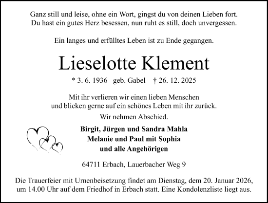 Traueranzeige von Lieselotte Klement von Odenwälder Echo
