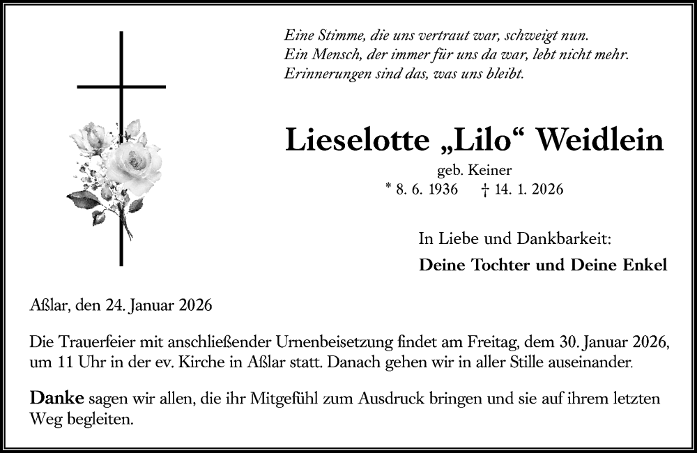  Traueranzeige für Lieselotte Weidlein vom 24.01.2026 aus Wetzlarer Neue Zeitung