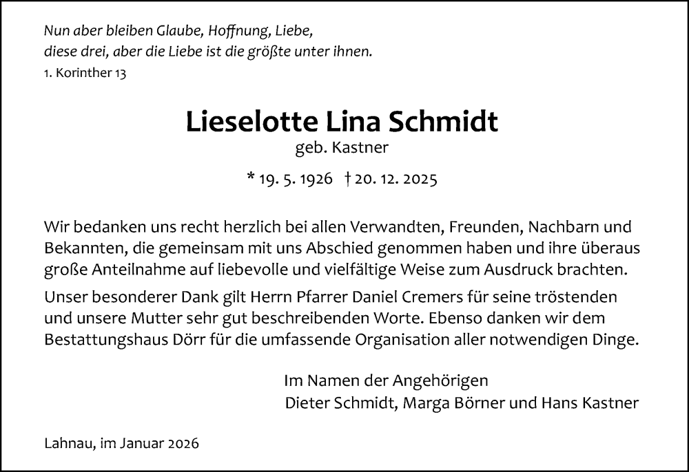  Traueranzeige für Lieselotte Lina Schmidt vom 24.01.2026 aus Wetzlarer Neue Zeitung