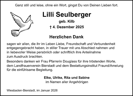 Traueranzeige von Lilli Seulberger von Wiesbadener Kurier
