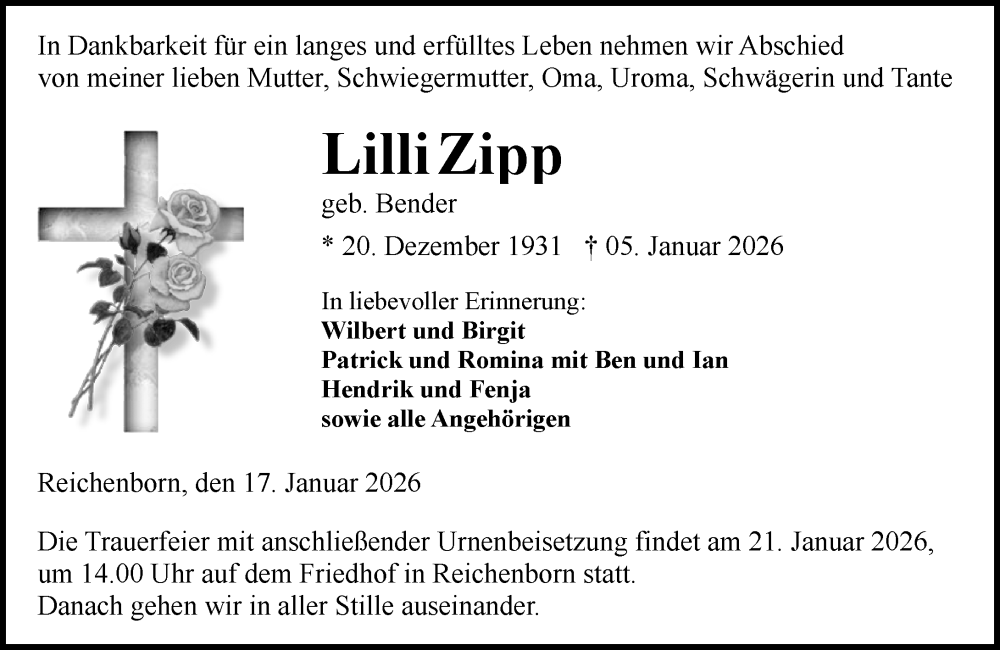  Traueranzeige für Lilli Zipp vom 17.01.2026 aus Weilburger Tageblatt