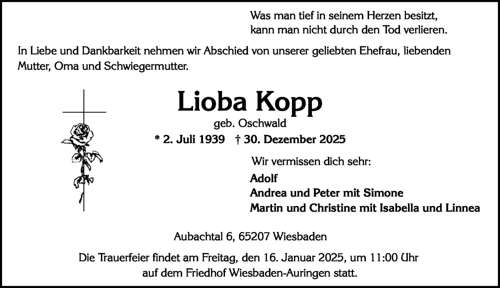  Traueranzeige für Lioba Kopp vom 10.01.2026 aus Wiesbadener Kurier