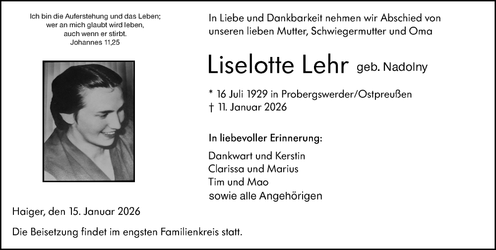  Traueranzeige für Liselotte Lehr vom 17.01.2026 aus Dill Block