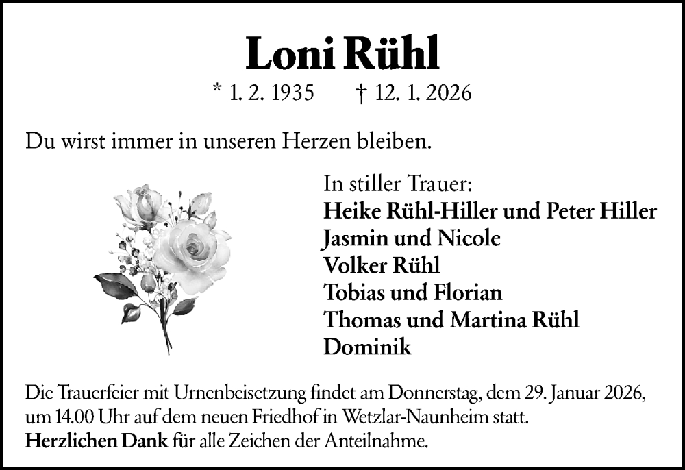  Traueranzeige für Loni Rühl vom 24.01.2026 aus Wetzlarer Neue Zeitung