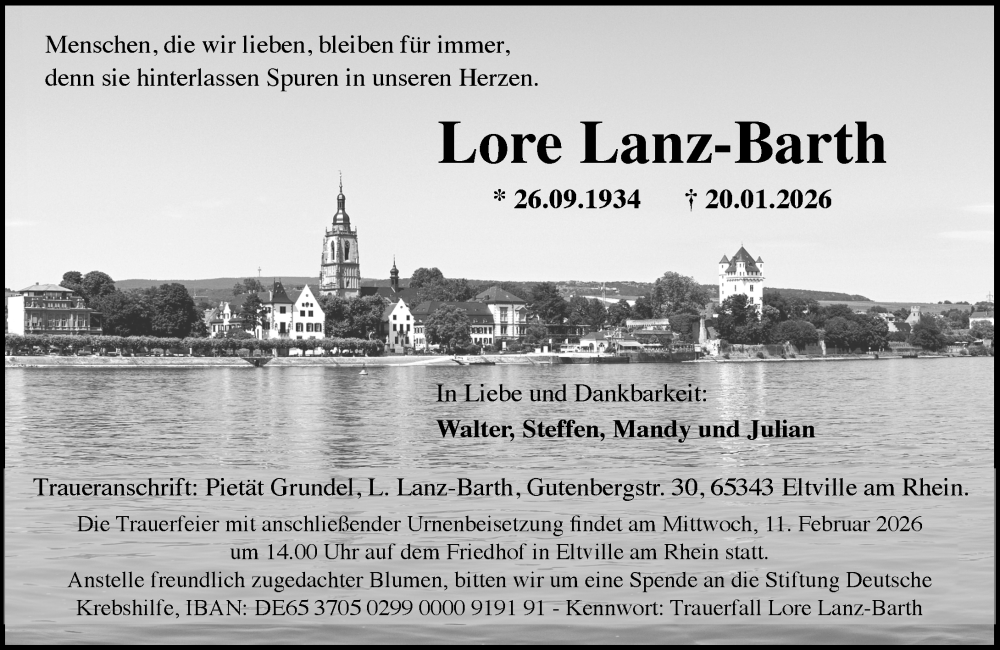  Traueranzeige für Lore Lanz-Barth vom 31.01.2026 aus Wiesbadener Kurier