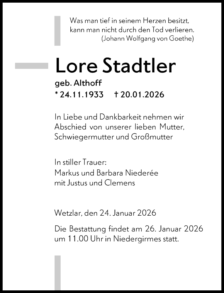  Traueranzeige für Lore Stadtler vom 24.01.2026 aus Wetzlarer Neue Zeitung
