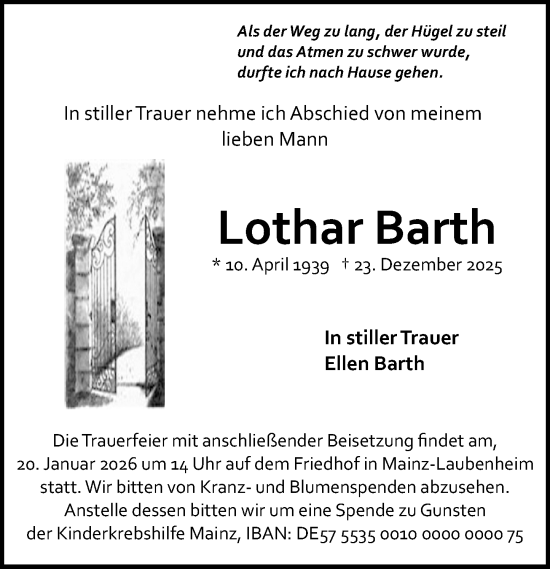 Traueranzeige von Lothar Barth von Allgemeine Zeitung Mainz