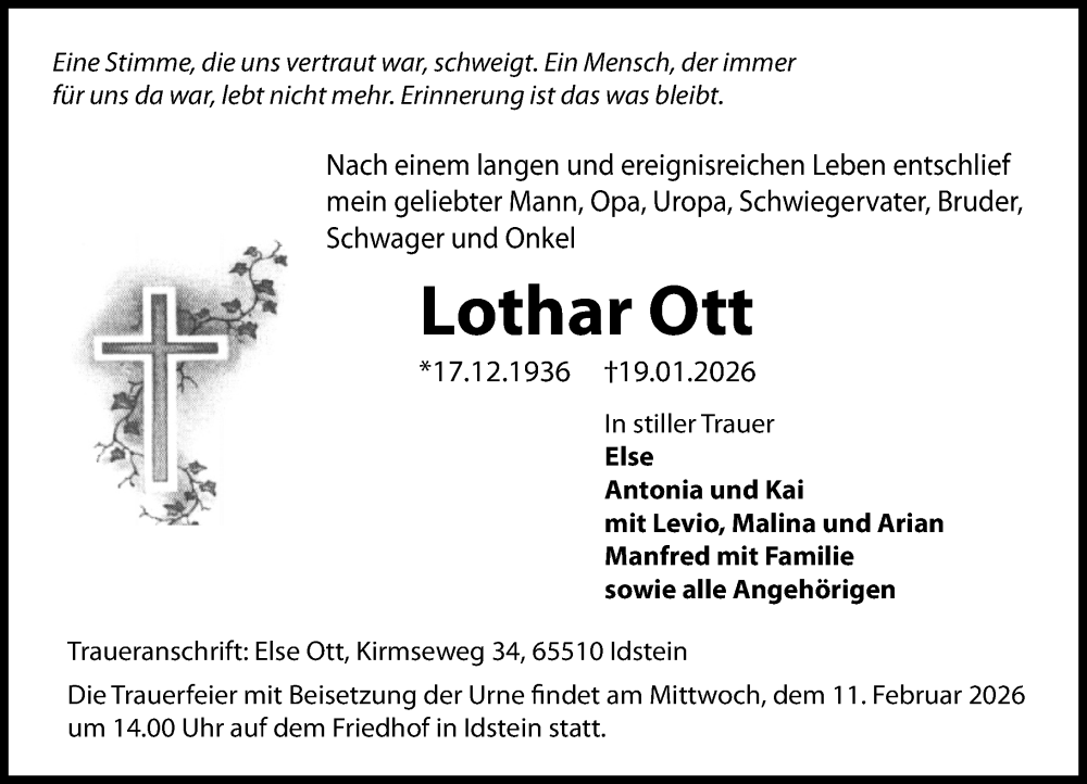  Traueranzeige für Lothar Ott vom 31.01.2026 aus Idsteiner Land/Untertaunus