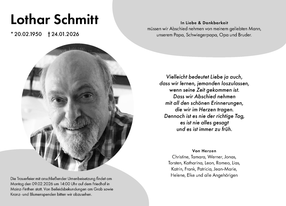  Traueranzeige für Lothar Schmitt vom 31.01.2026 aus Allgemeine Zeitung Mainz