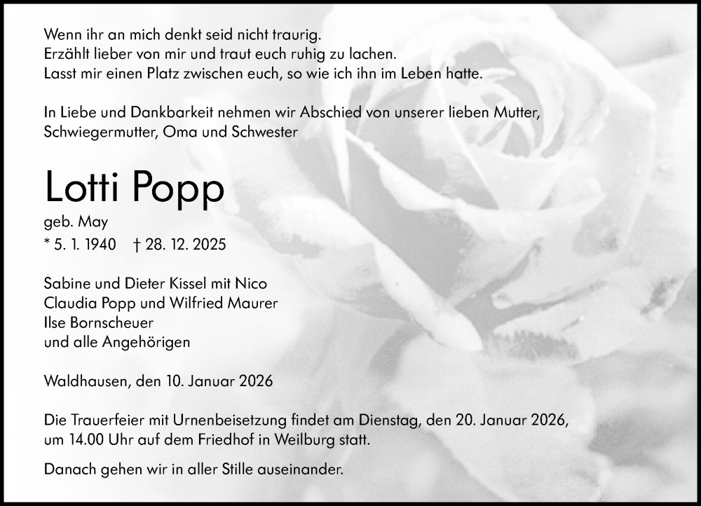  Traueranzeige für Lotti Popp vom 10.01.2026 aus Weilburger Tageblatt