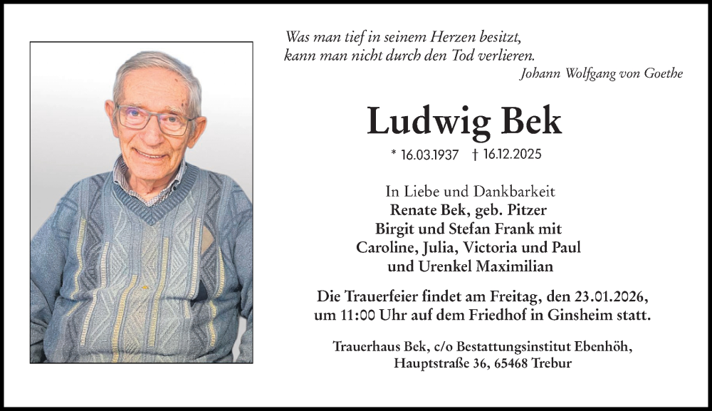  Traueranzeige für Ludwig Bek vom 10.01.2026 aus Allgemeine Zeitung Mainz