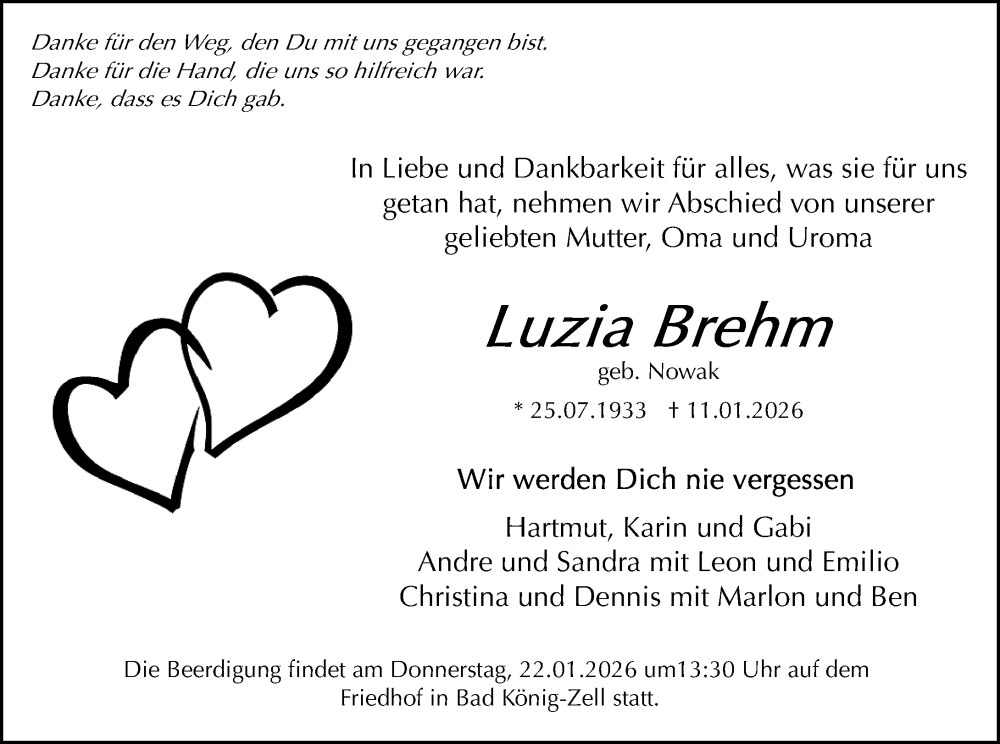  Traueranzeige für Luzia Brehm vom 17.01.2026 aus Odenwälder Echo