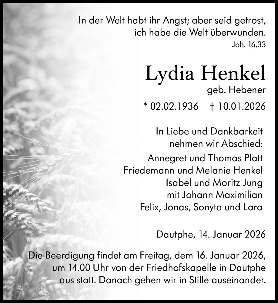  Traueranzeige für Lydia Henkel vom 14.01.2026 aus Hinterländer Anzeiger
