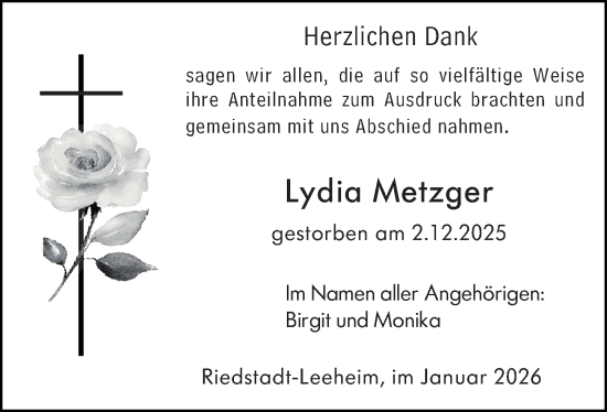 Traueranzeige von Lydia Metzger von Groß-Gerauer Echo