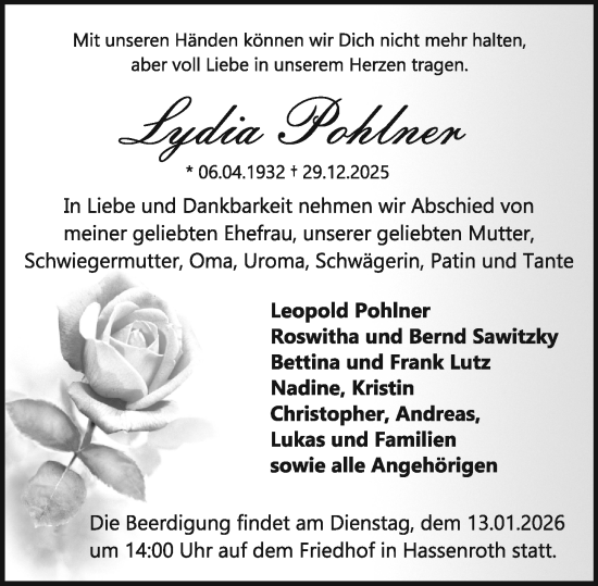 Traueranzeige von Lydia Pohlner von Odenwälder Echo