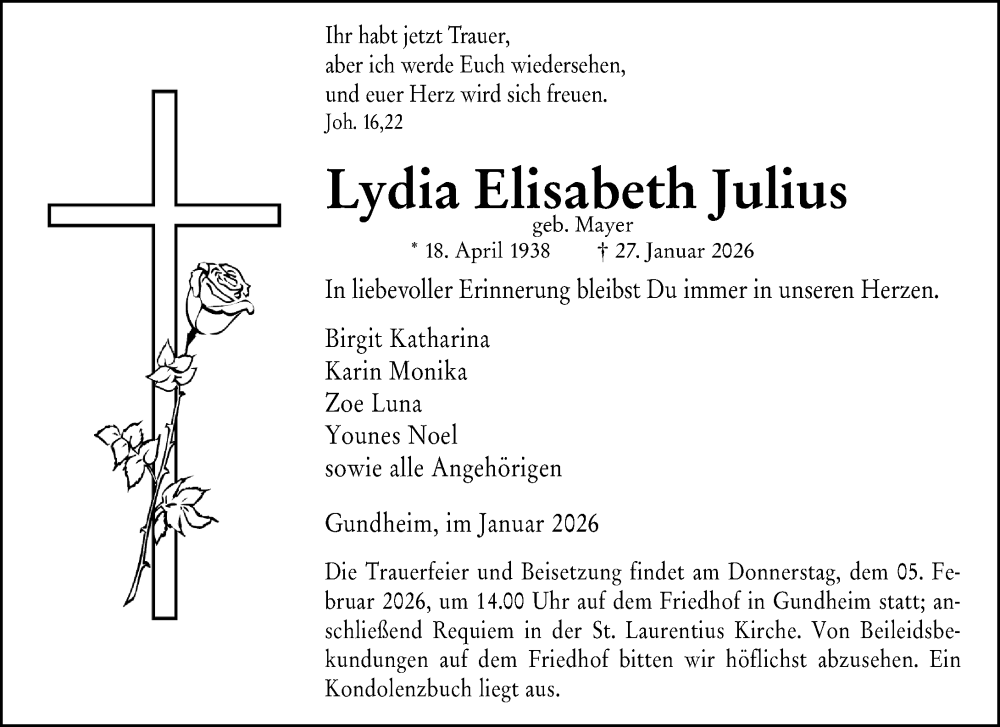  Traueranzeige für Lydia Elisabeth Julius vom 31.01.2026 aus Wormser Zeitung