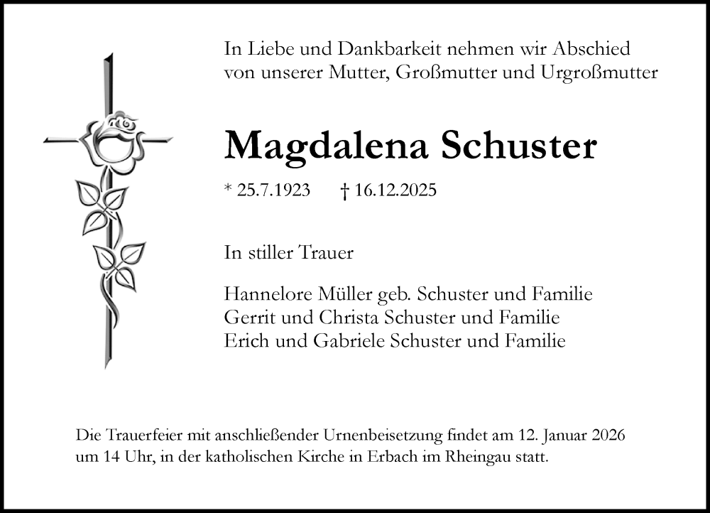 Traueranzeige für Magdalena Schuster vom 03.01.2026 aus Allgemeine Zeitung Mainz