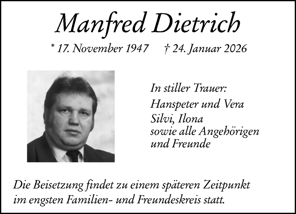  Traueranzeige für Manfred Dietrich vom 31.01.2026 aus Hinterländer Anzeiger