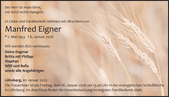 Traueranzeige von Manfred Eigner von Weilburger Tageblatt