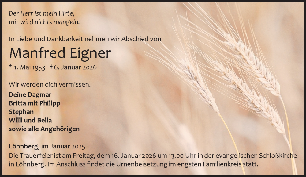  Traueranzeige für Manfred Eigner vom 10.01.2026 aus Weilburger Tageblatt