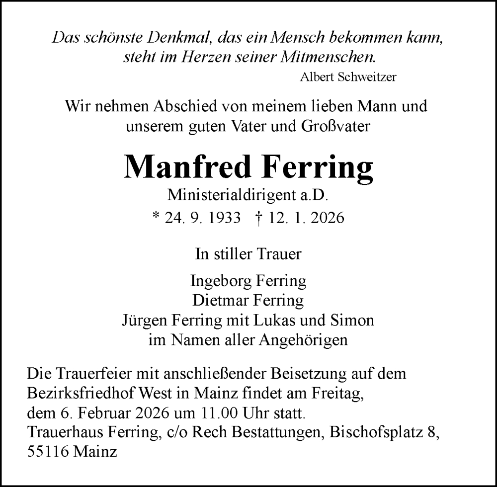  Traueranzeige für Manfred Ferring vom 24.01.2026 aus Allgemeine Zeitung Mainz