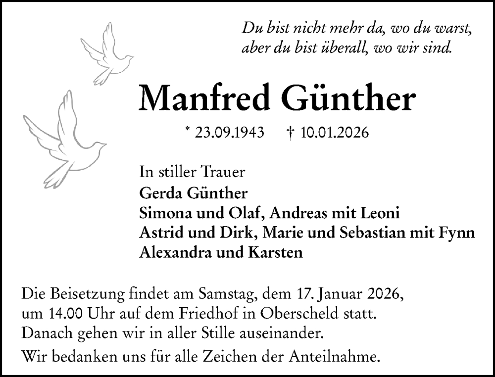  Traueranzeige für Manfred Günther vom 14.01.2026 aus Dill Block