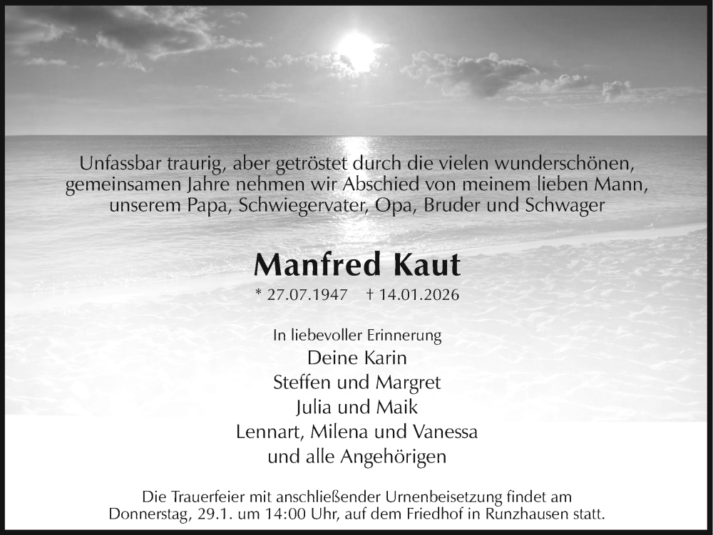  Traueranzeige für Manfred Kaut vom 27.01.2026 aus Hinterländer Anzeiger