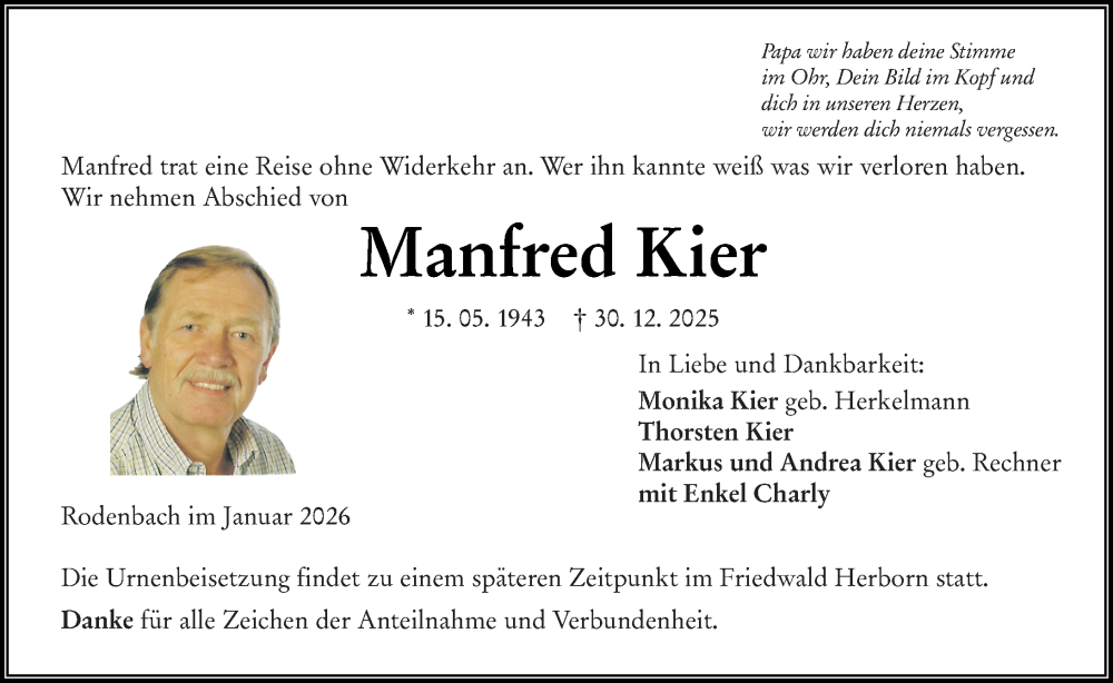  Traueranzeige für Manfred Kier vom 10.01.2026 aus Dill Block
