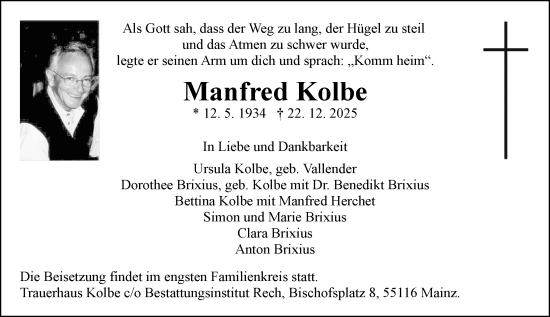 Traueranzeige von Manfred Kolbe von Allgemeine Zeitung Mainz