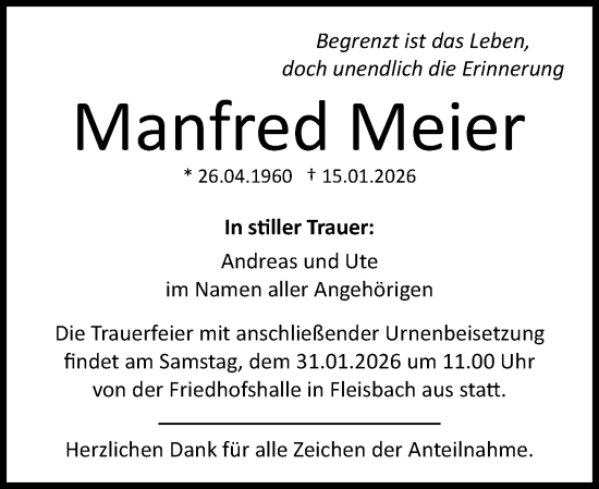 Traueranzeige von Manfred Meier von Dill Block
