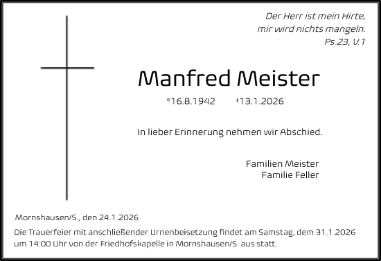 Traueranzeige von Manfred Meister von Hinterländer Anzeiger