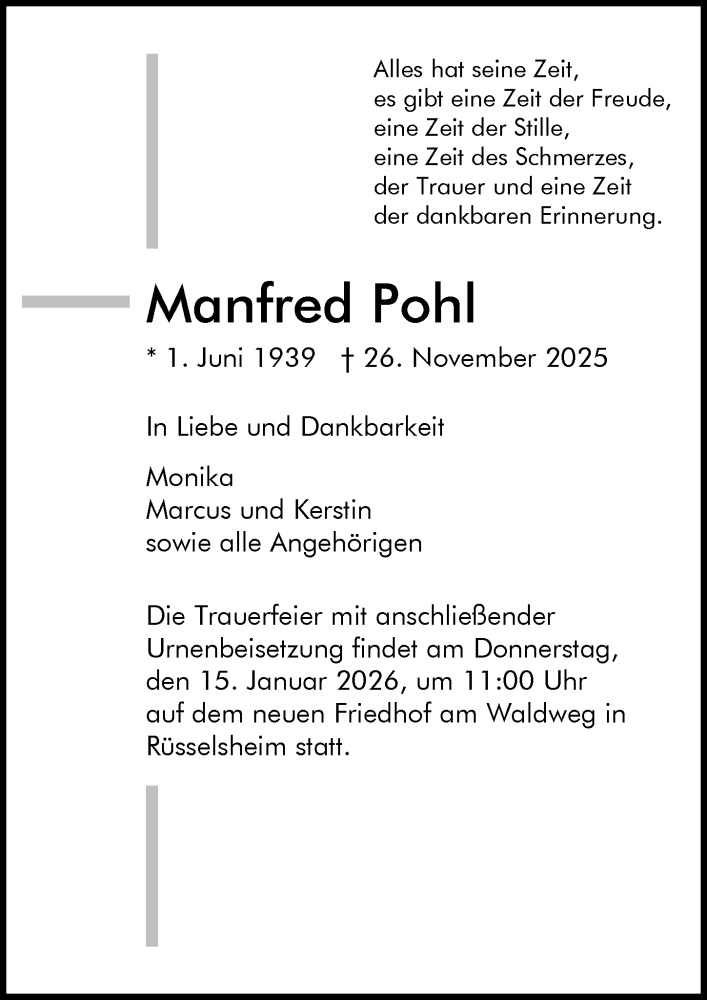  Traueranzeige für Manfred Pohl vom 10.01.2026 aus Rüsselsheimer Echo