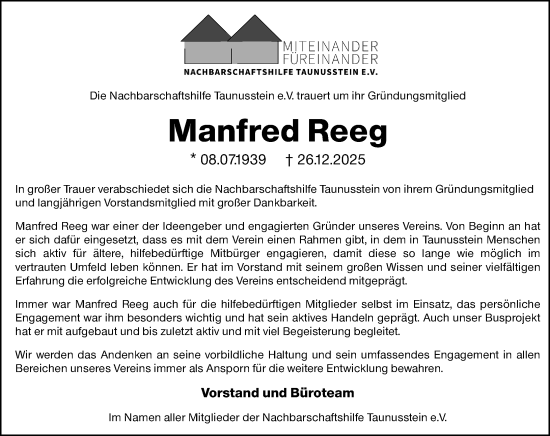 Traueranzeige von Manfred Reeg von Idsteiner Land/Untertaunus