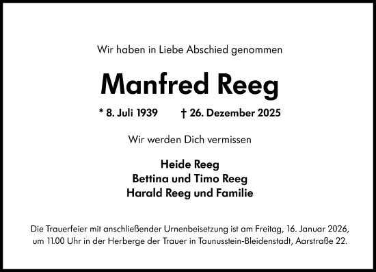 Traueranzeige von Manfred Reeg von Wiesbadener Kurier
