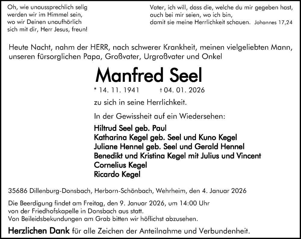  Traueranzeige für Manfred Seel vom 07.01.2026 aus Dill Block