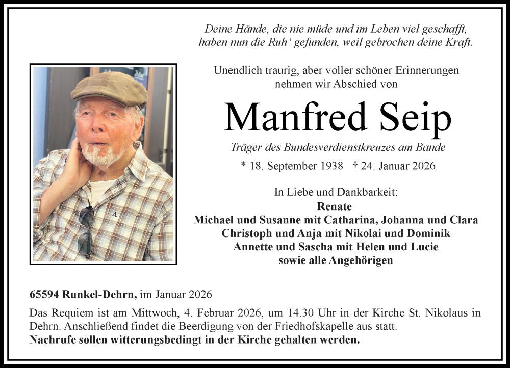  Traueranzeige für Manfred Seip vom 31.01.2026 aus Nassauische Neue Presse