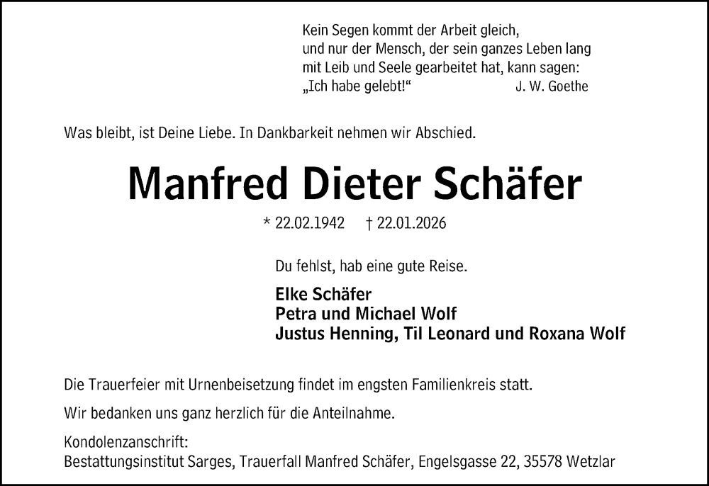  Traueranzeige für Manfred Dieter Schäfer vom 31.01.2026 aus Wetzlarer Neue Zeitung