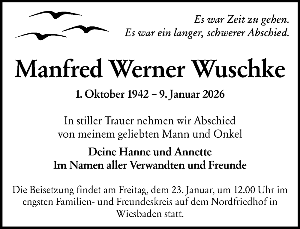  Traueranzeige für Manfred Werner Wuschke vom 17.01.2026 aus Wiesbadener Kurier