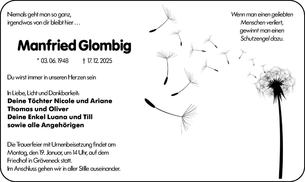  Traueranzeige für Manfried Glombig vom 10.01.2026 aus Weilburger Tageblatt