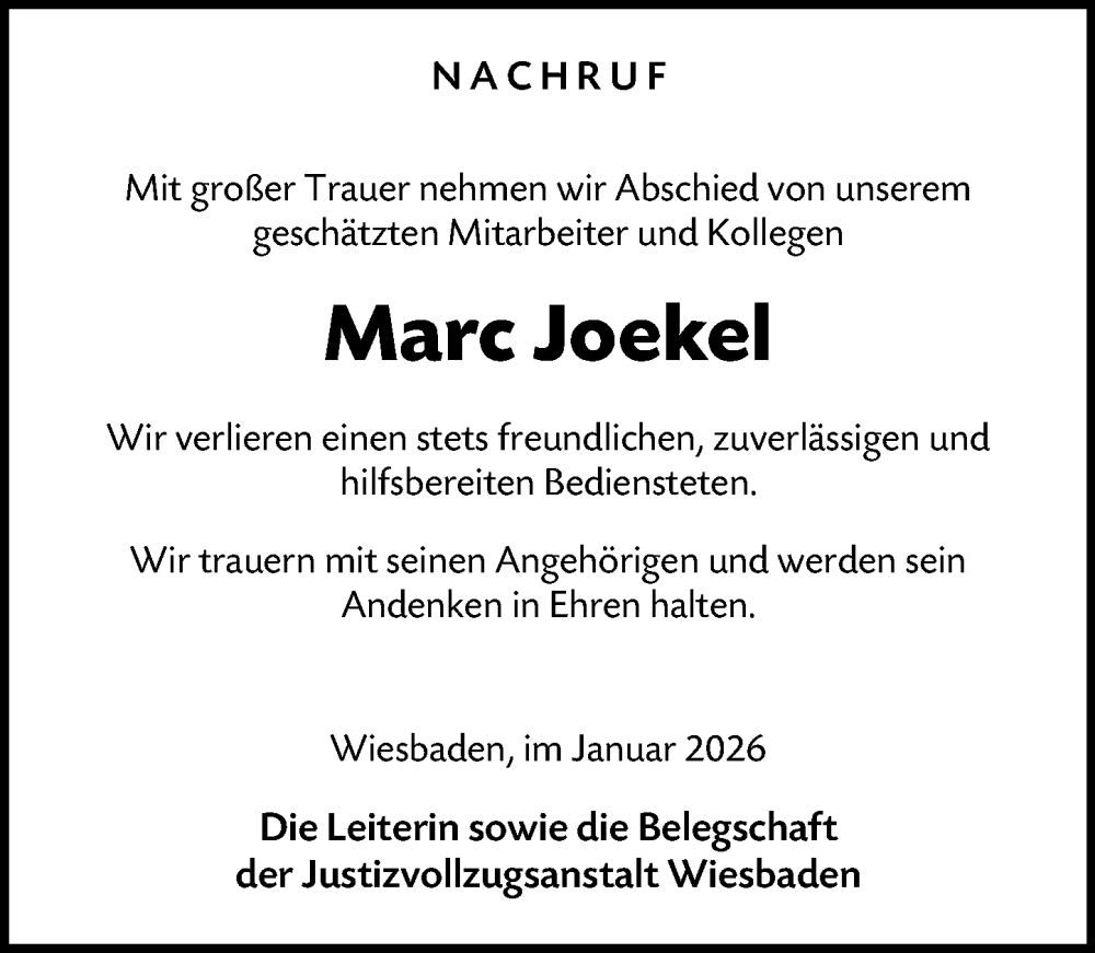  Traueranzeige für Marc Joekel vom 10.01.2026 aus Wiesbadener Kurier