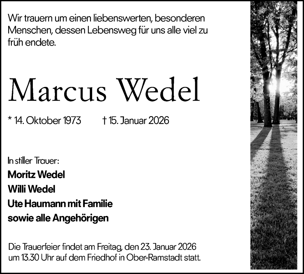  Traueranzeige für Marcus Wedel vom 21.01.2026 aus Darmstädter Echo