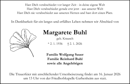 Traueranzeige von Margarete Buhl von Wetzlarer Neue Zeitung