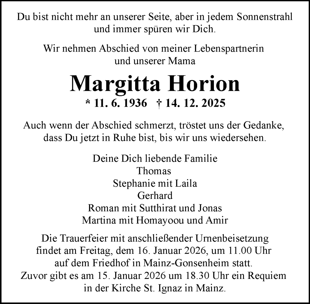  Traueranzeige für Margitta Horion vom 10.01.2026 aus Allgemeine Zeitung Mainz