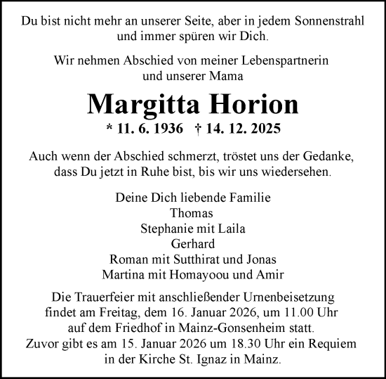 Traueranzeige von Margitta Horion von Allgemeine Zeitung Mainz