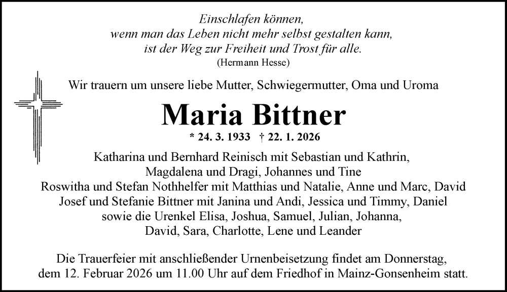  Traueranzeige für Maria Bittner vom 31.01.2026 aus Allgemeine Zeitung Mainz