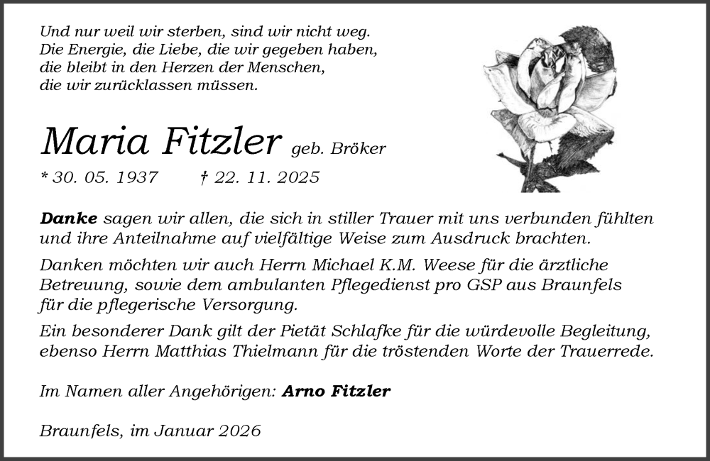  Traueranzeige für Maria Fitzler vom 10.01.2026 aus Wetzlarer Neue Zeitung