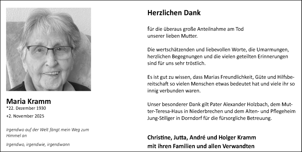  Traueranzeige für Maria Kramm vom 10.01.2026 aus Nassauische Neue Presse