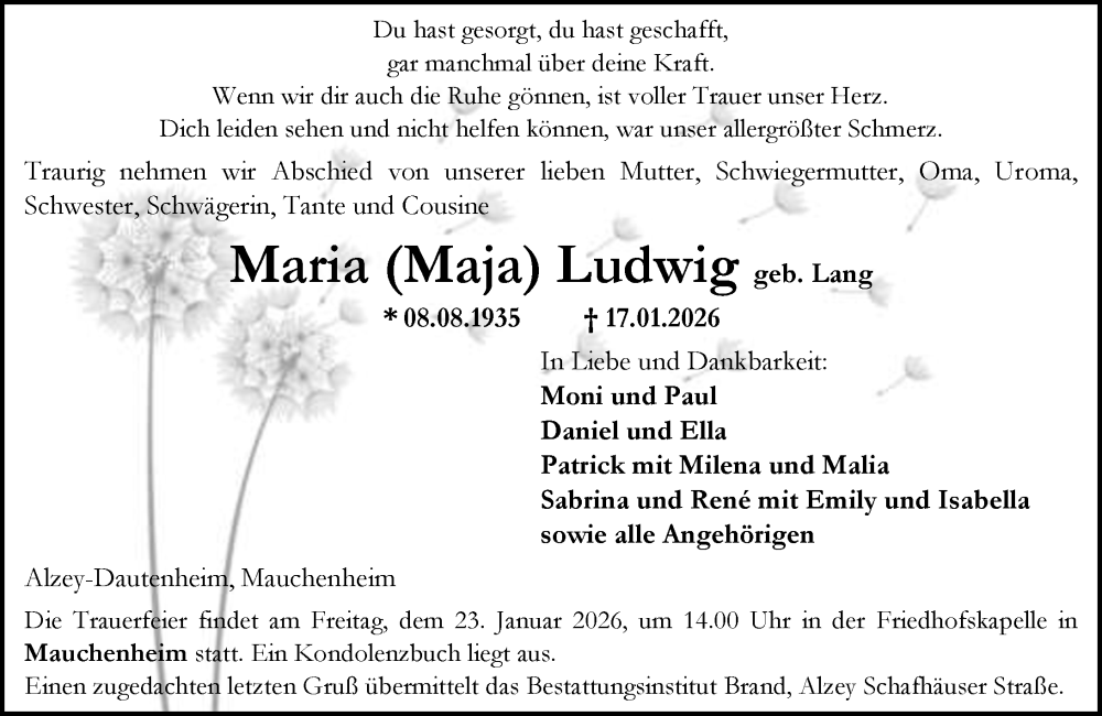  Traueranzeige für Maria Ludwig vom 20.01.2026 aus Allgemeine Zeitung Alzey