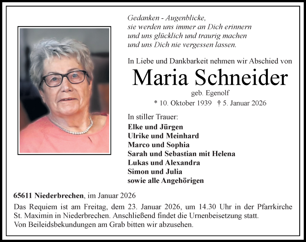  Traueranzeige für Maria Schneider vom 15.01.2026 aus Camberger Anzeiger